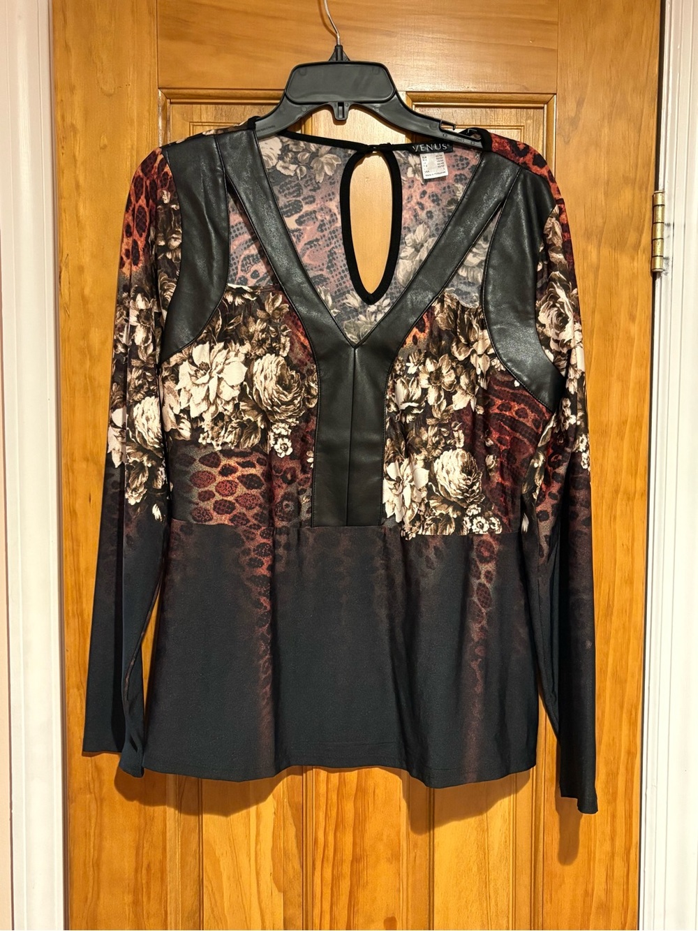 VENUS Black and Brown Floral & Leopard Patchwork V-Neck Long Sleeve Top